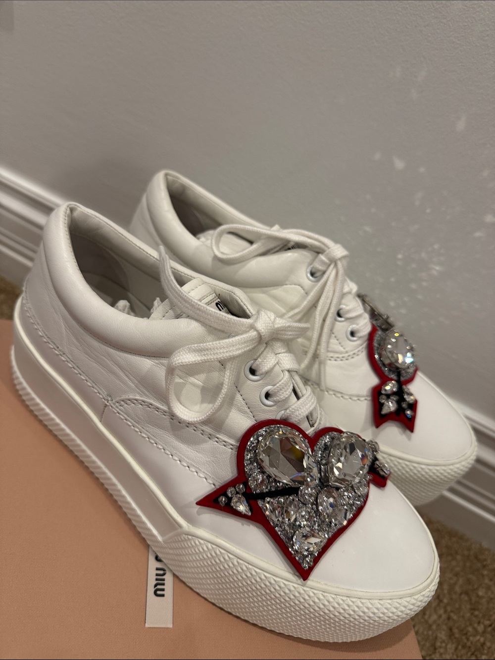Miu Miu Crystal Embellished White Leather Platform Sneakers – Size 37 worn once